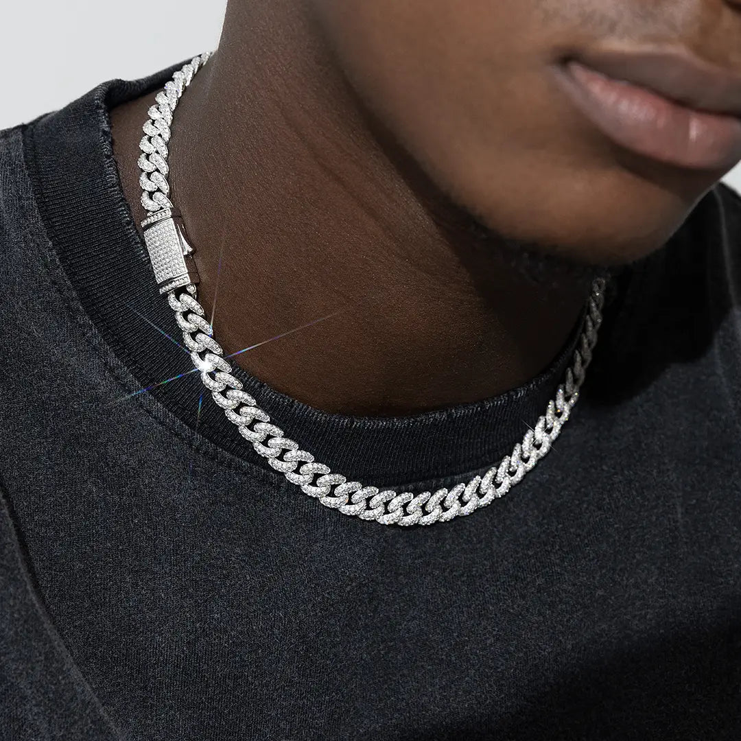 10MM Iced Out Mens Moissanite Cuban Chain in 925 Sterling Silver