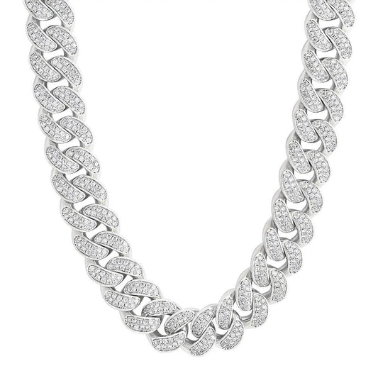 15MM 14k White Gold Cuban Chain Iced Prong-Setting 5A CZ Stone Cuban Necklace