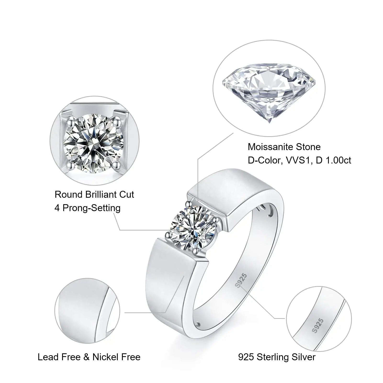 1Ct Moissanite man's Rings 925 sterling silver