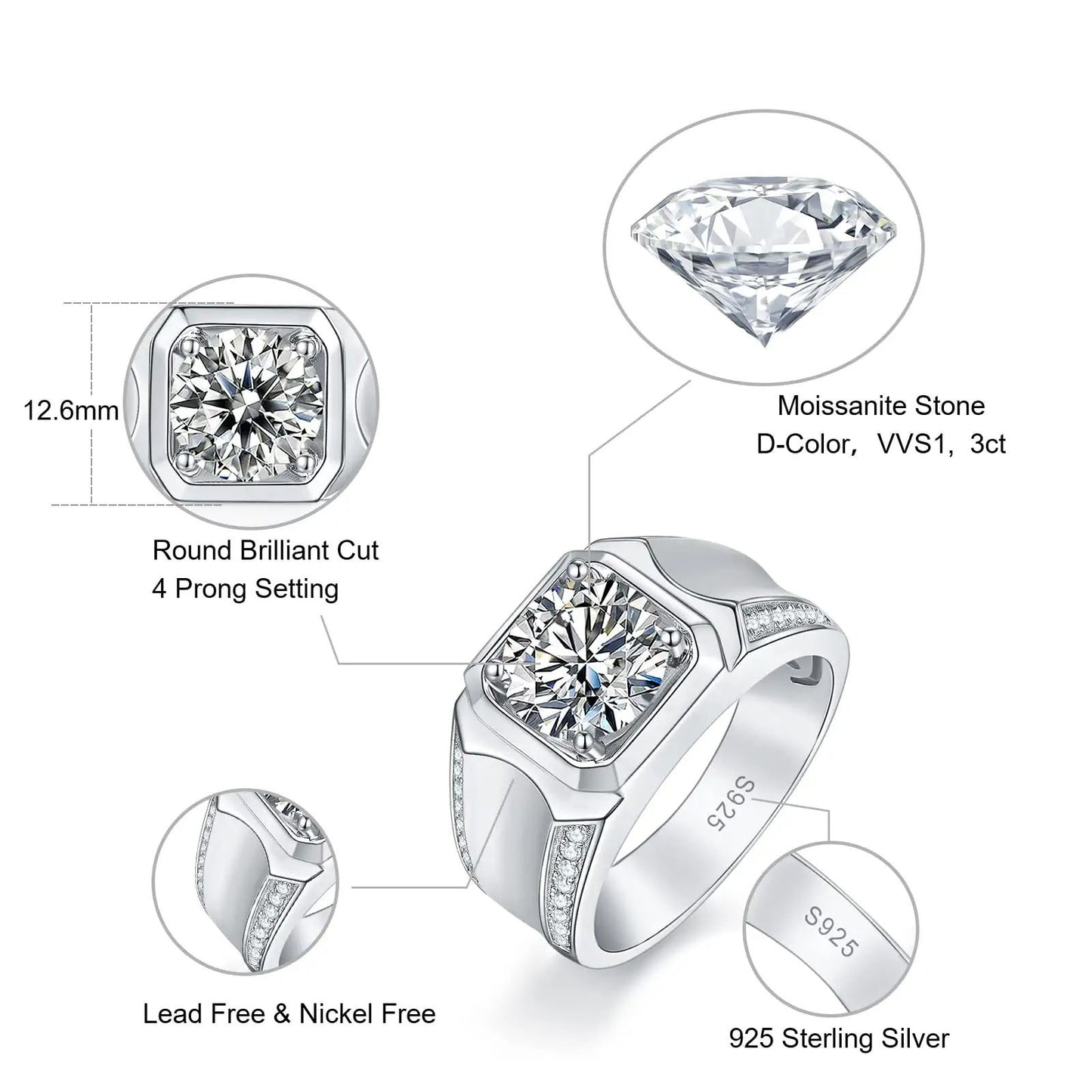 3Ct Moissanite with Part CZ Mens' ring