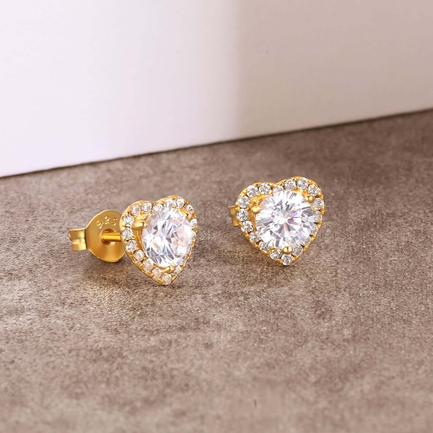 Iced Out CZ Stone Heart-shaped Stud Earrings In 14K Gold