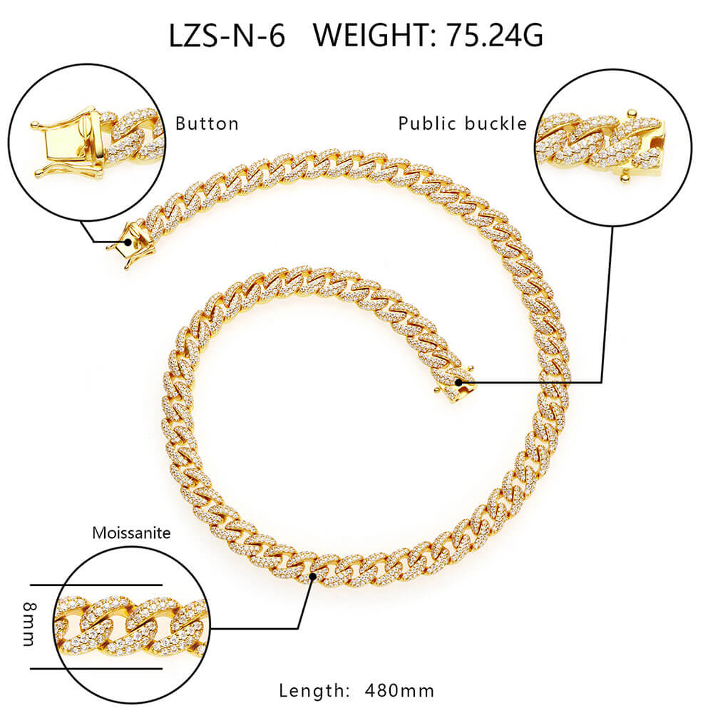 8MM Moissanite 14K Gold Plated Monaco Cuban Chain Necklace