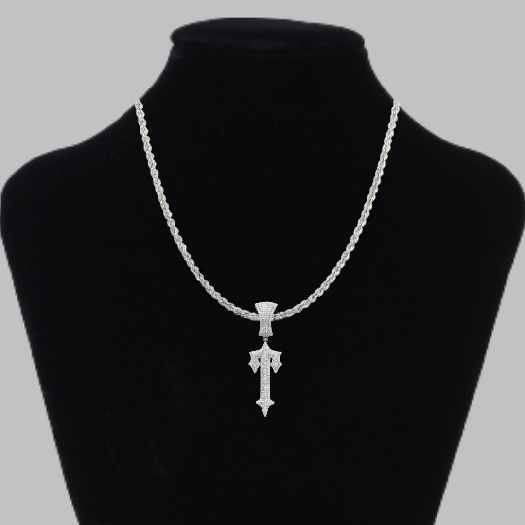 Cross Sword Drippy Style Bling Iced Out Pendant Chain Link Necklace