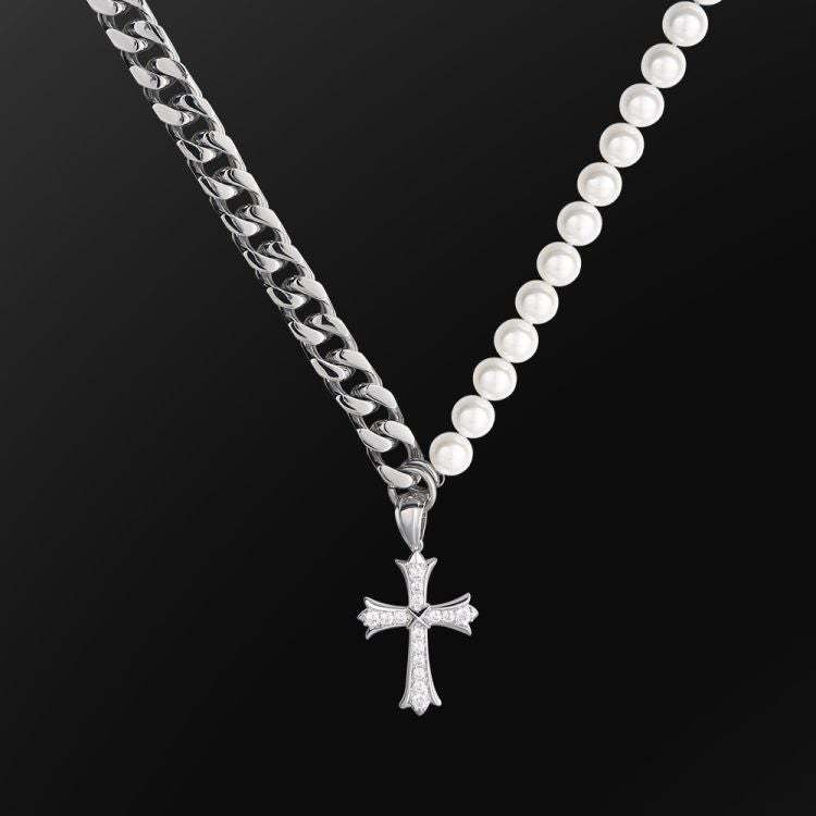 10MM Cuban Link Chain Pearl Necklace with Cross Pendant