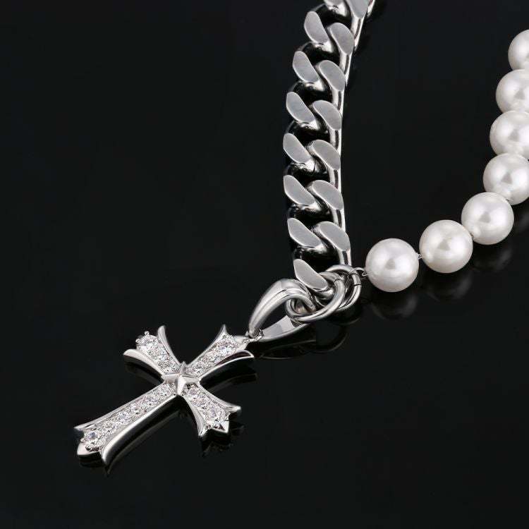 10MM Cuban Link Chain Pearl Necklace with Cross Pendant