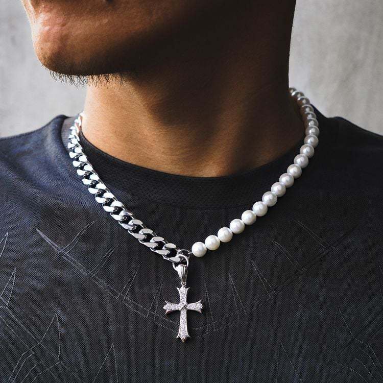 10MM Cuban Link Chain Pearl Necklace with Cross Pendant