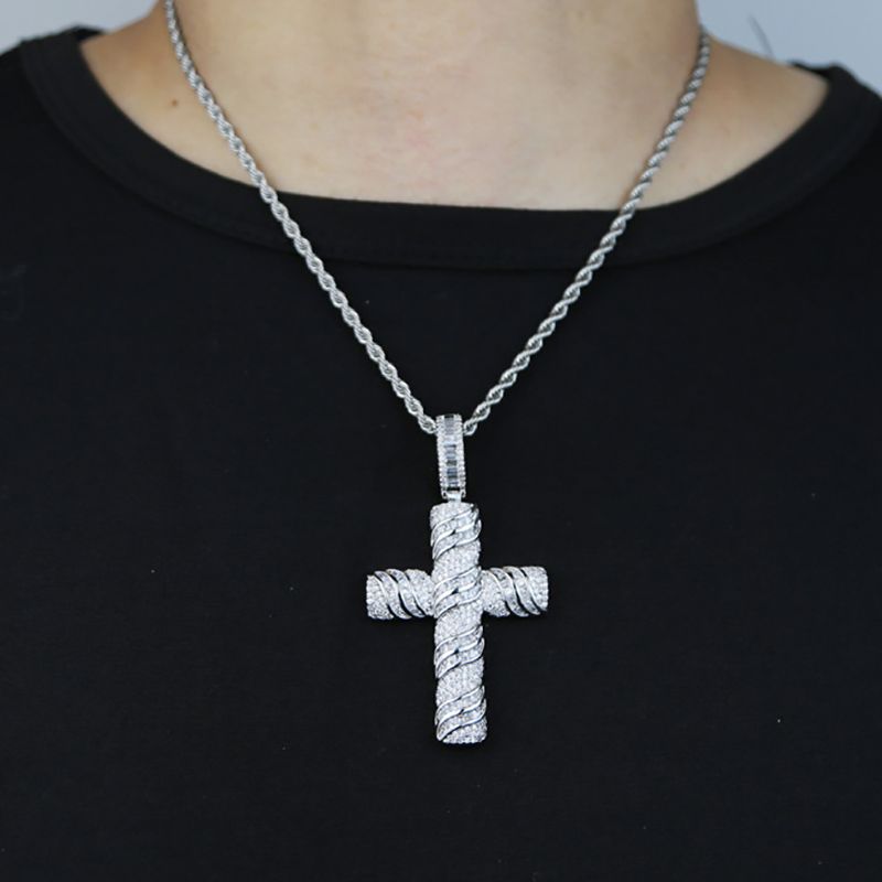 Hip Hop Iced Out Baguette Cut Cross Pendant Necklace