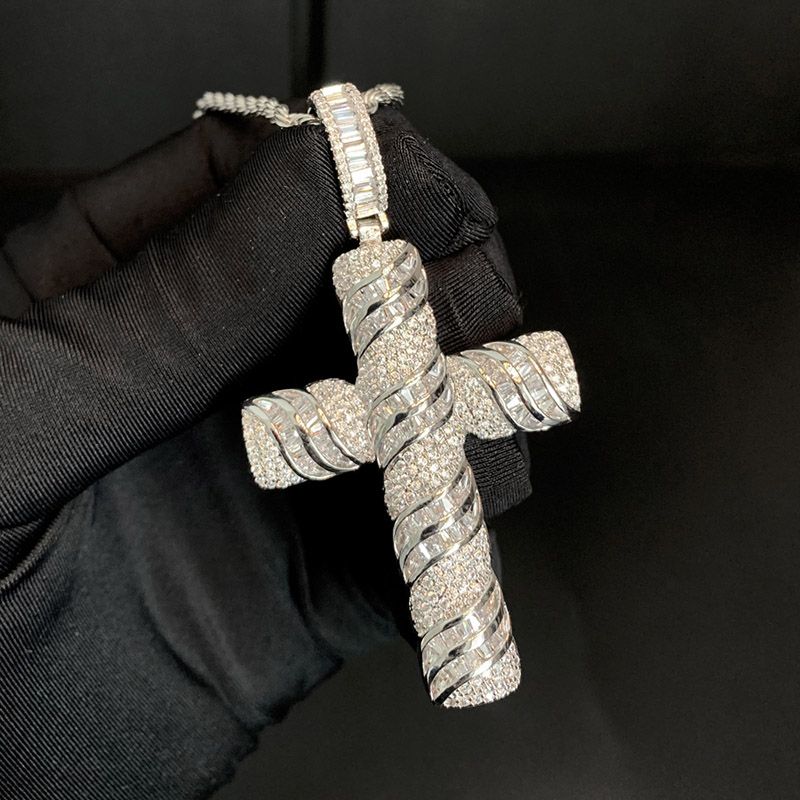 Hip Hop Iced Out Baguette Cut Cross Pendant Necklace