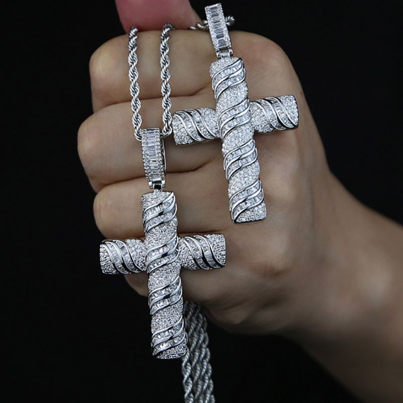 Hip Hop Iced Out Baguette Cut Cross Pendant Necklace