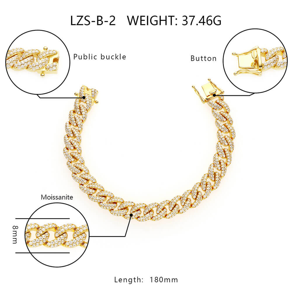 8MM 925 Silver Moissanite Cuban Link Chain Bracelet