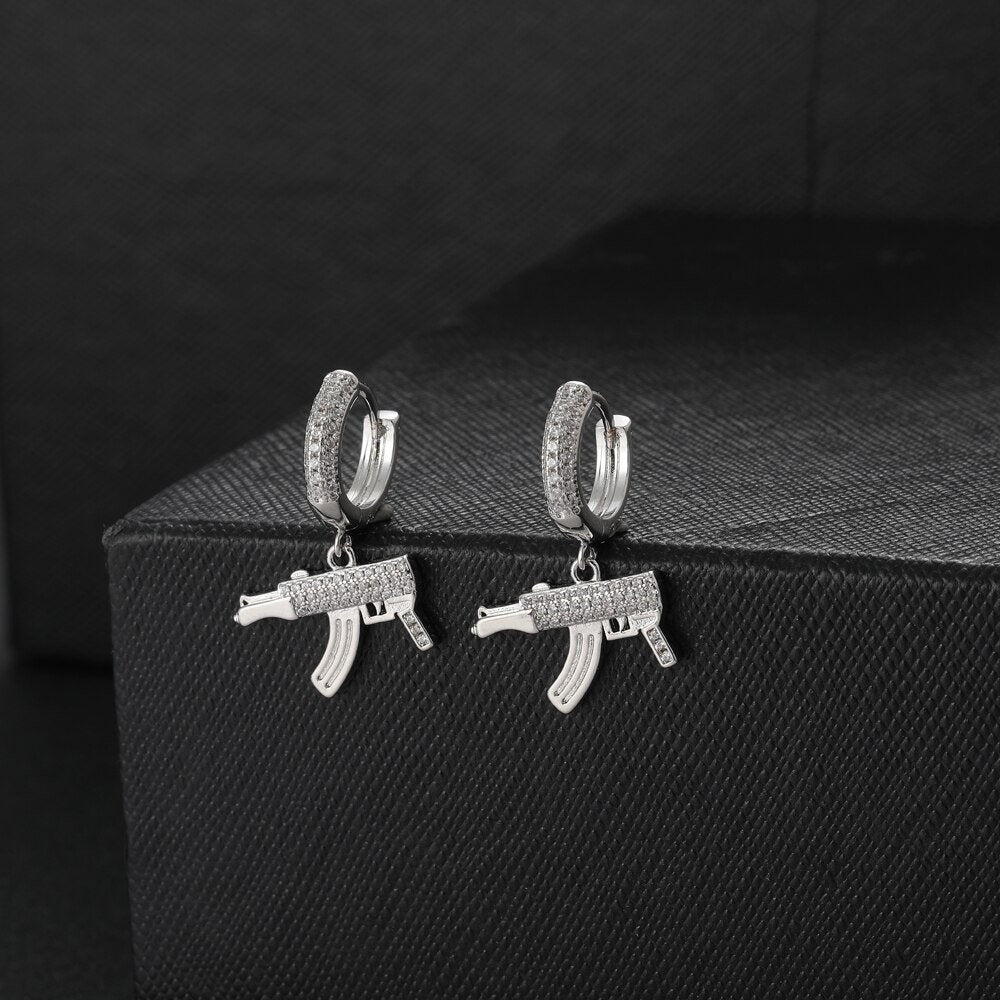 Hip Hop Bling Iced Out Mechine Gun Earrings