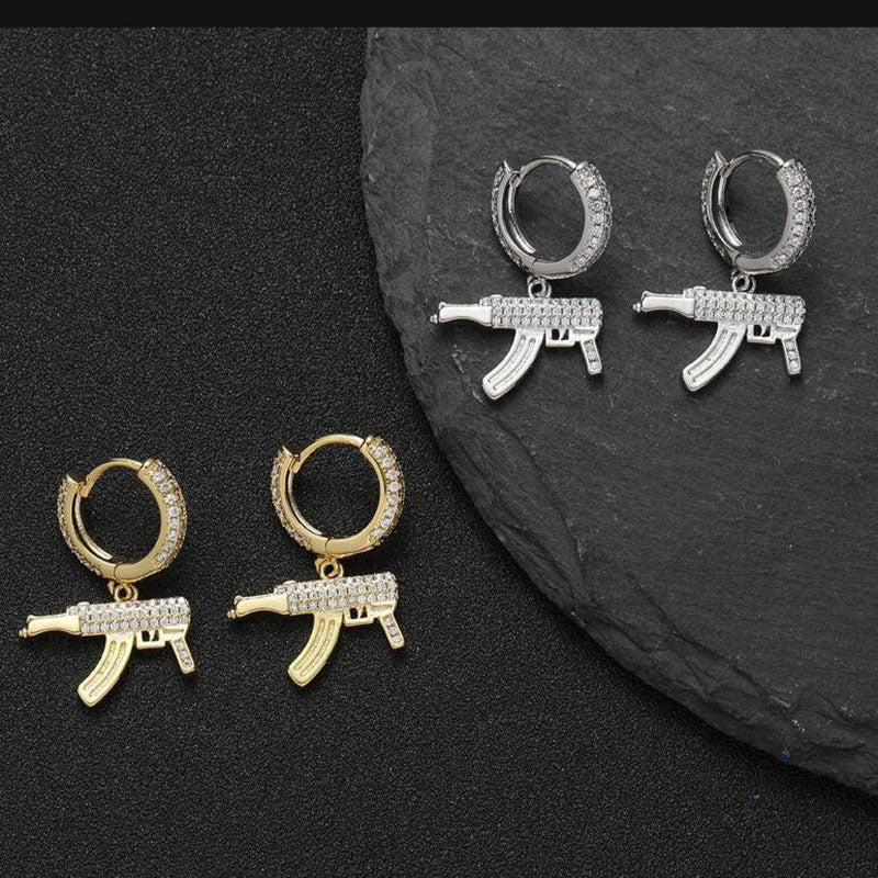 Hip Hop Bling Iced Out Mechine Gun Earrings