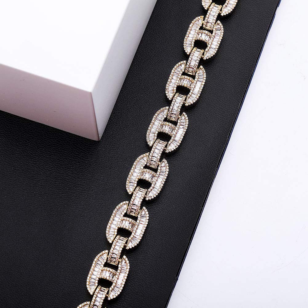 15MM 6 Times 14K Gold Plated Iced Out Baguette Diamond Link Chain