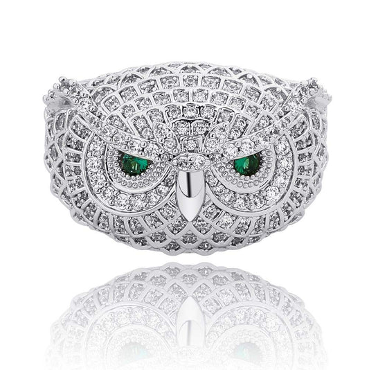 14K White Gold 6 Times Plated Owl Hip Hop Iced Out Bling Ring