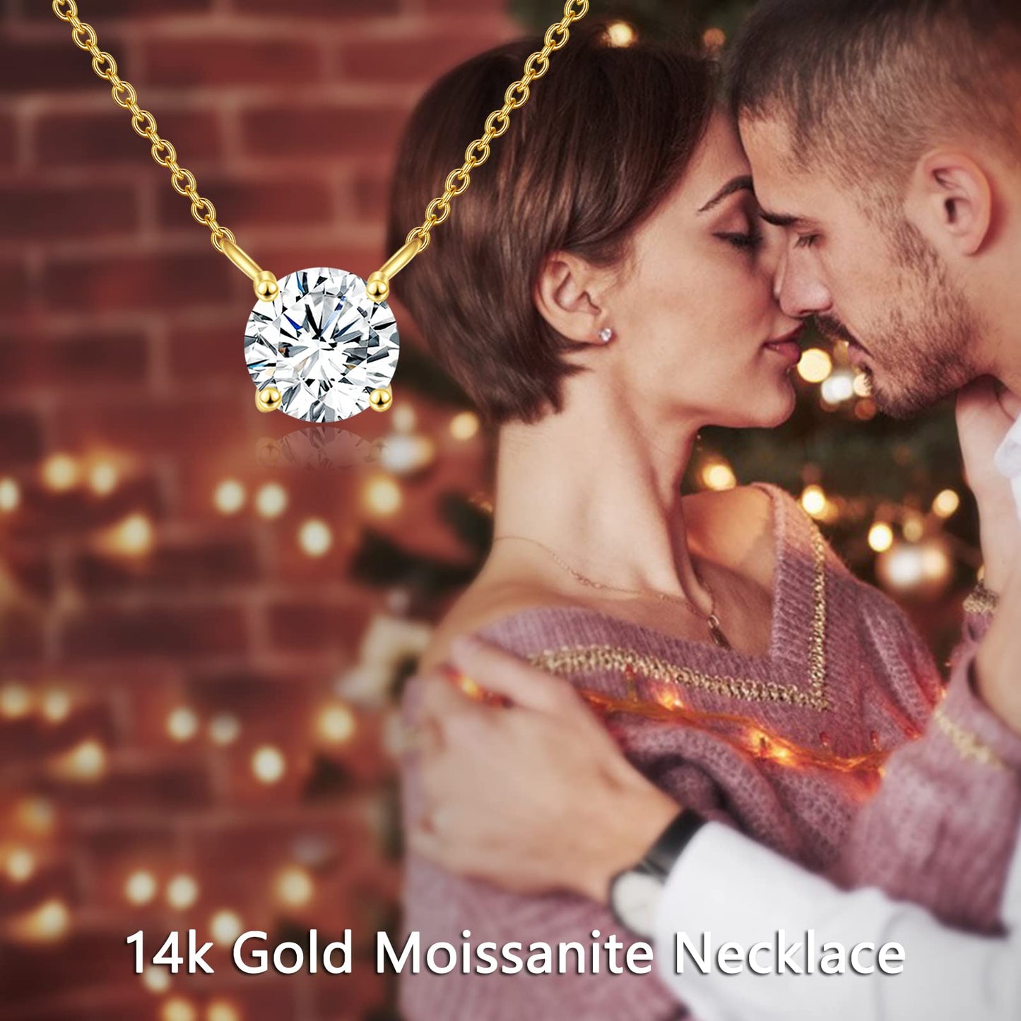 Round Cut Moissanite Pendant Choker Necklace in 14K Yellow Gold  for Women