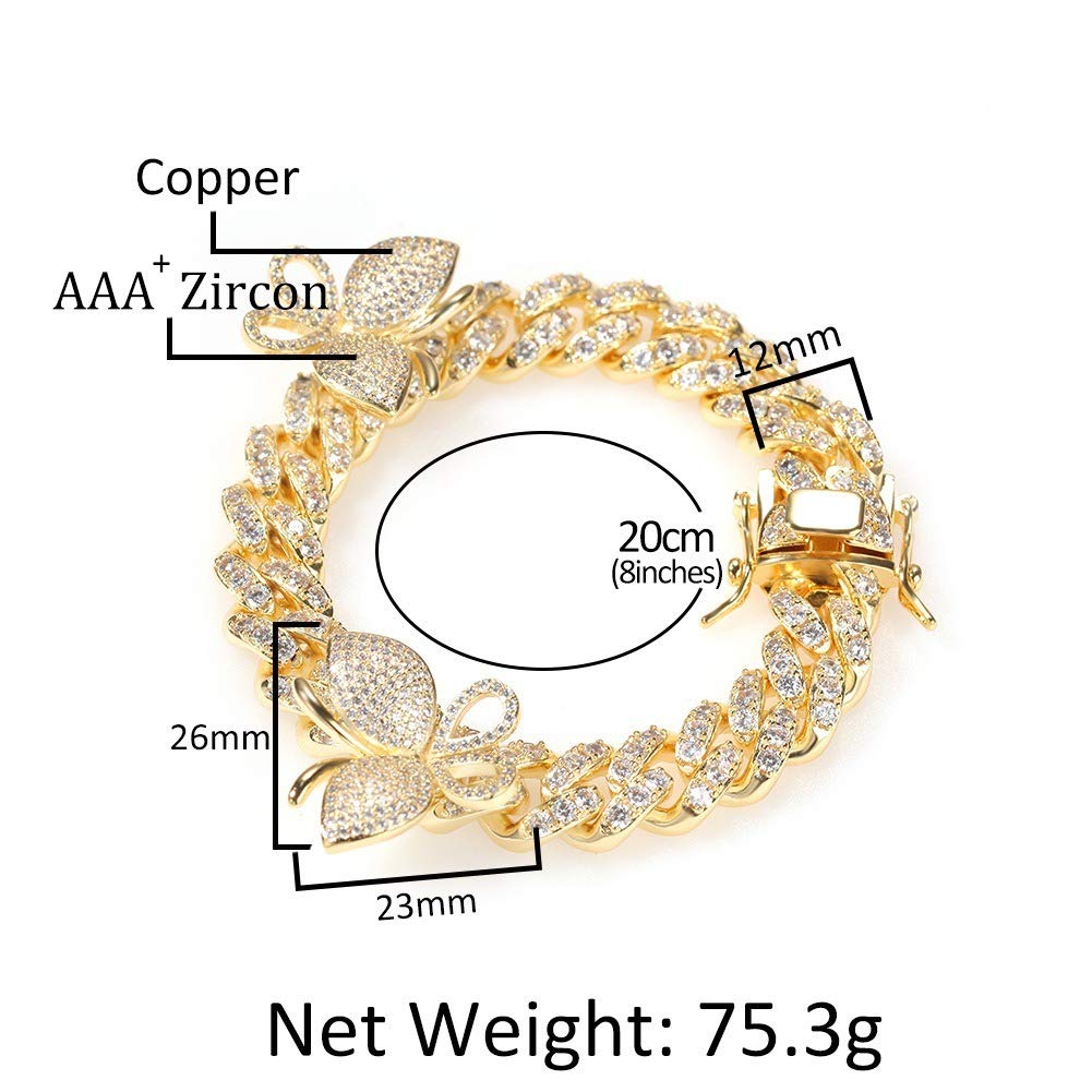 12MM Cuban Chain Iced Out Bling Zircon Butterfly Pendant Bracelet