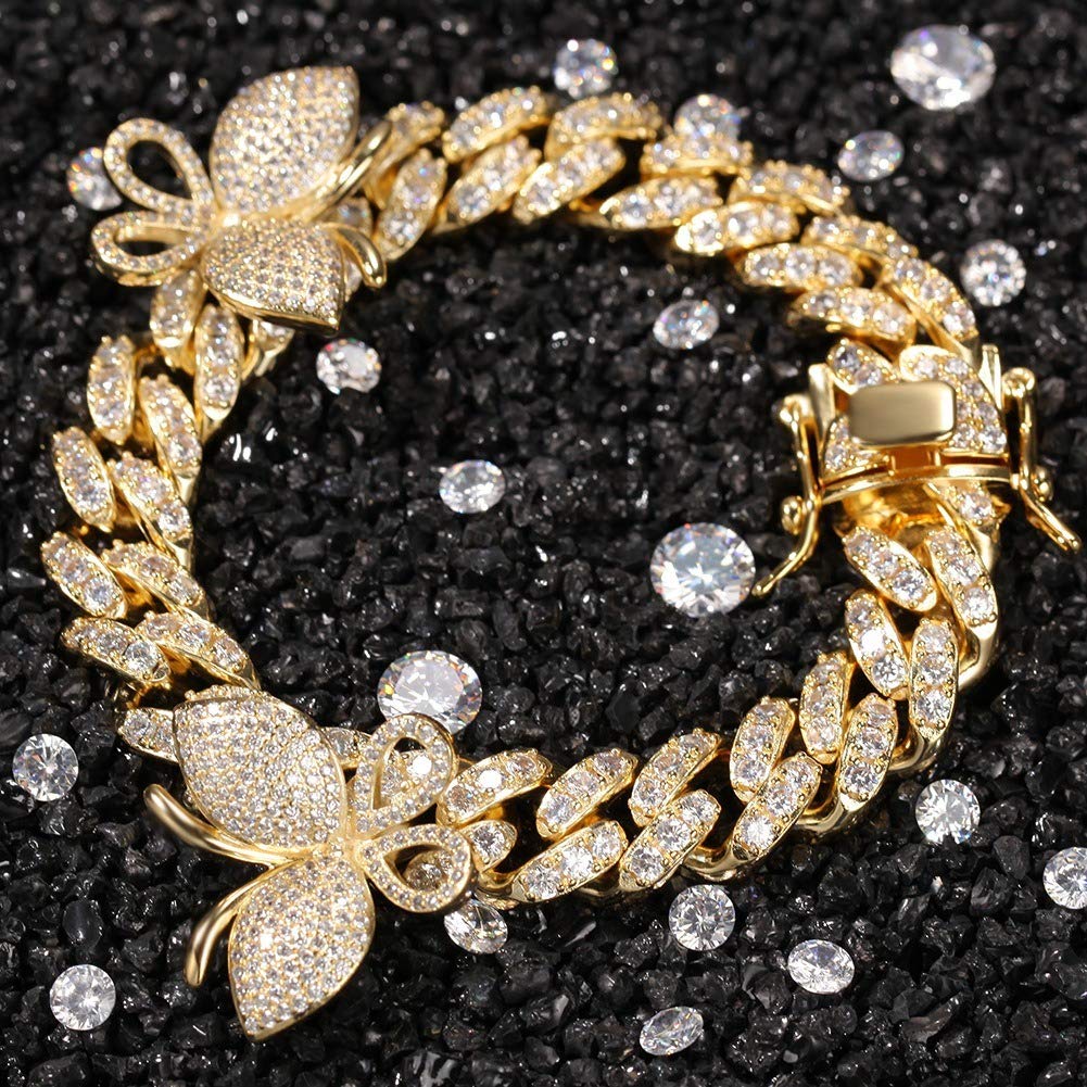 12MM Cuban Chain Iced Out Bling Zircon Butterfly Pendant Bracelet