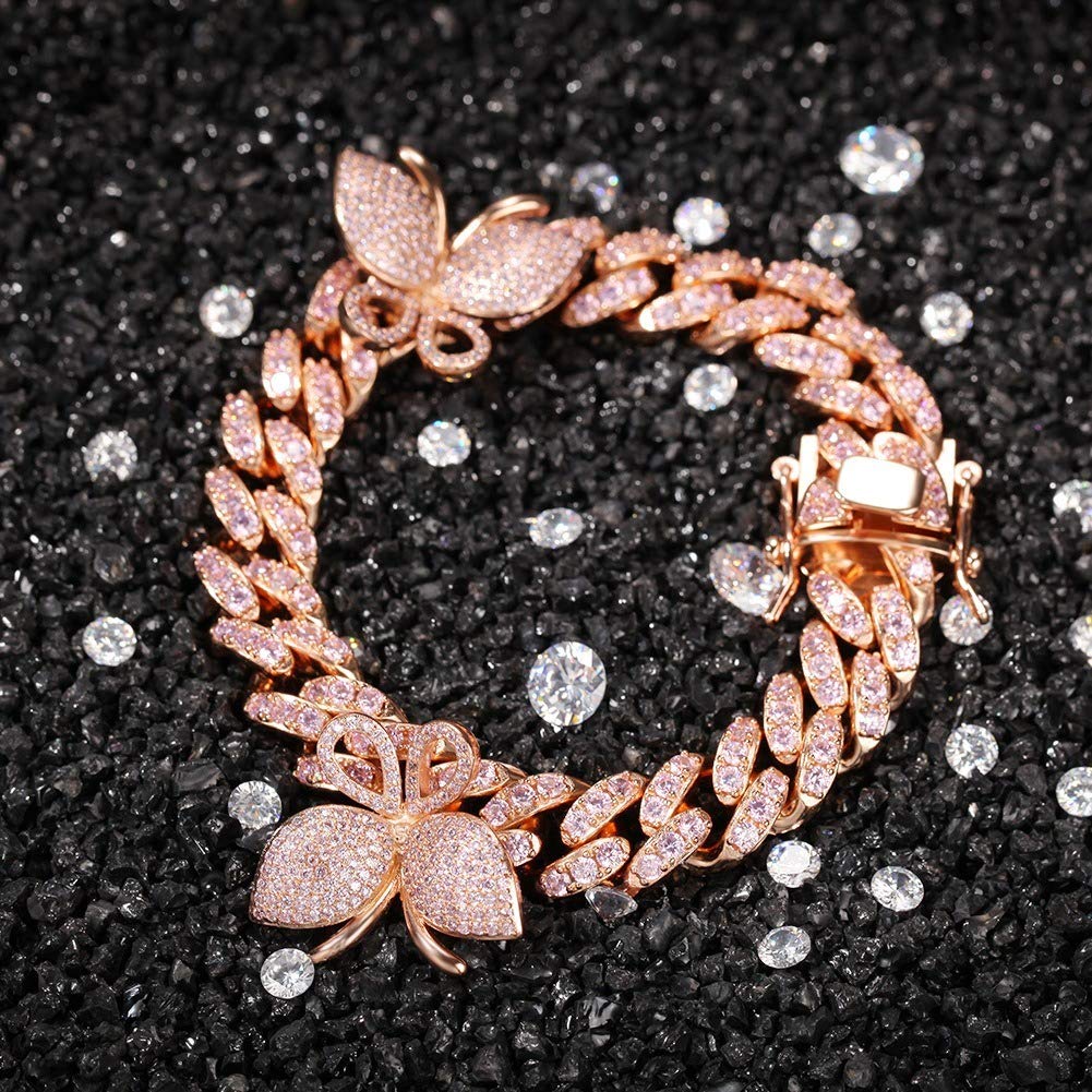 12MM Cuban Chain Iced Out Bling Zircon Butterfly Pendant Bracelet