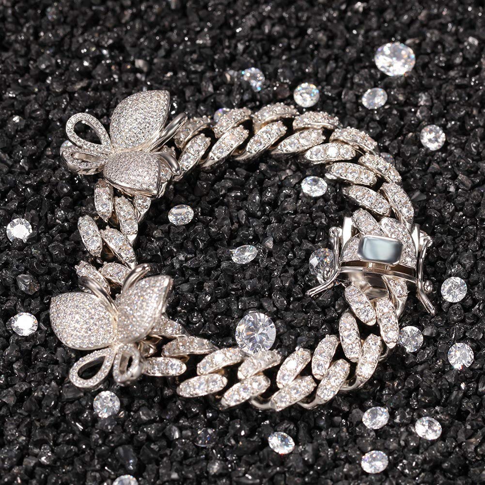 12MM Cuban Chain Iced Out Bling Zircon Butterfly Pendant Bracelet